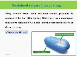 Sustained release film coating
34
Drug release from such sustained-release products is
moderated by the film coating Which acts as a membrane
that allows infusion of GI fluids and the outward diffusion of
dissolved drug
2/6/2021
Objectives SR tab?
 