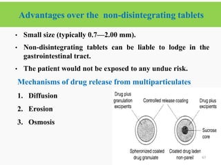 Advantages over the non-disintegrating tablets
67
• Small size (typically 0.7—2.00 mm).
• Non-disintegrating tablets can be liable to lodge in the
gastrointestinal tract.
• The patient would not be exposed to any undue risk.
Mechanisms of drug release from multiparticulates
1. Diffusion
2. Erosion
3. Osmosis
 