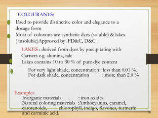 50
COLOURANTS:
Used to provide distinctive color and elegance to a
dosage form
Most of colorants are synthetic dyes (soluble) & lakes
( insoluble)Approved by FD&C, D&C.
LAKES : derived from dyes by precipitating with
Carriers e.g. alumina, talc
Lakes contains 10 to 30 % of pure dye content
For very light shade, concentration : less than 0.01 %.
For dark shade, concentration : more than 2.0 %
Examples
Inorganic materials : iron oxides
Natural coloring materials :Anthocyanins, caramel,
carotenoids, chlorophyll, indigo, flavones, turmeric
and carminic acid.
 