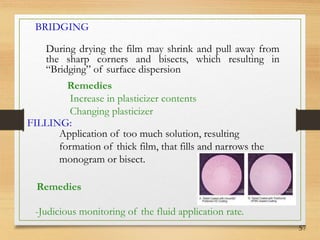 57
BRIDGING
During drying the film may shrink and pull away from
the sharp corners and bisects, which resulting in
“Bridging” of surface dispersion
Remedies
Increase in plasticizer contents
Changing plasticizer
Application of too much solution, resulting
formation of thick film, that fills and narrows the
monogram or bisect.
FILLING:
Remedies
-Judicious monitoring of the fluid application rate.
 