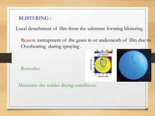 58
BLISTERING :
Local detachment of film from the substrate forming blistering
Remedies
Maintains the milder drying conditions.
Reason :entrapment of the gases in or underneath of film due to
Overheating during spraying .
 