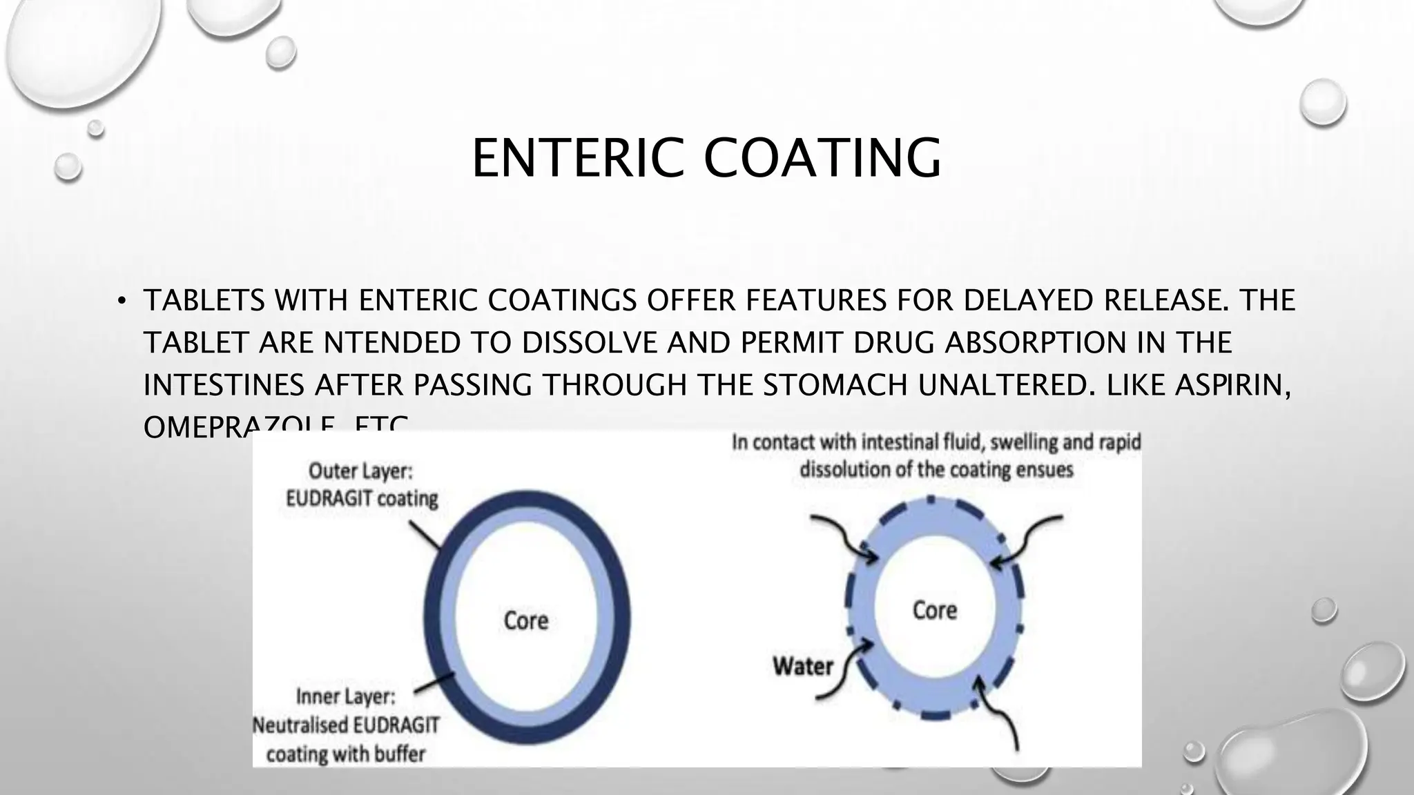 ENTERIC COATING
• TABLETS WITH ENTERIC COATINGS OFFER FEATURES FOR DELAYED RELEASE. THE
TABLET ARE NTENDED TO DISSOLVE AND PERMIT DRUG ABSORPTION IN THE
INTESTINES AFTER PASSING THROUGH THE STOMACH UNALTERED. LIKE ASPIRIN,
OMEPRAZOLE, ETC.
 