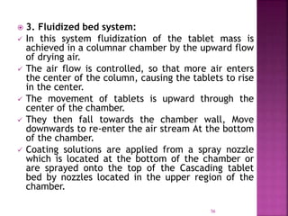  3. Fluidized bed system:
 In this system fluidization of the tablet mass is
achieved in a columnar chamber by the upward flow
of drying air.
 The air flow is controlled, so that more air enters
the center of the column, causing the tablets to rise
in the center.
 The movement of tablets is upward through the
center of the chamber.
 They then fall towards the chamber wall, Move
downwards to re-enter the air stream At the bottom
of the chamber.
 Coating solutions are applied from a spray nozzle
which is located at the bottom of the chamber or
are sprayed onto the top of the Cascading tablet
bed by nozzles located in the upper region of the
chamber.
56
 