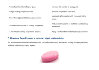 7. Insufficient number of spray guns. Increase the number of spray guns.
8. High coating suspension solid. Reduce suspension solid level.
9. Low hiding power of coating suspension.
Use coating formulation with increased hiding
power.
10. Unequal distribution of coating suspension.
Reduce coating solids to facilitate equal coating
distribution.
11. Insufficient coating suspension applied. Apply a sufficient amount of coating suspension.
7. Chipping/ Edge Erosion: a common tablet coating defect
It is a coating defect where the film becomes chipped or worn away and dented usually at the edges of the
tablet as the coating is being applied.
 