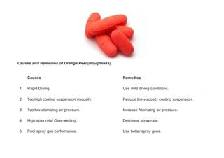 Causes and Remedies of Orange Peel (Roughness)
Causes Remedies
1. Rapid Drying. Use mild drying conditions.
2. Too high coating suspension viscosity. Reduce the viscosity coating suspension.
3. Too low atomizing air pressure. Increase Atomizing air pressure.
4. High spay rate/ Over-wetting. Decrease spray rate.
5. Poor spray gun performance. Use better spray guns.
 