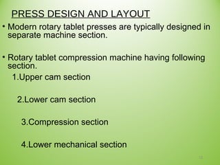 PRESS DESIGN AND LAYOUT
• Modern rotary tablet presses are typically designed in
separate machine section.
• Rotary tablet compression machine having following
section.
1.Upper cam section
2.Lower cam section
3.Compression section
4.Lower mechanical section
12
 