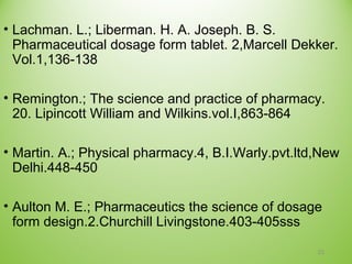 • Lachman. L.; Liberman. H. A. Joseph. B. S.
Pharmaceutical dosage form tablet. 2,Marcell Dekker.
Vol.1,136-138
• Remington.; The science and practice of pharmacy.
20. Lipincott William and Wilkins.vol.I,863-864
• Martin. A.; Physical pharmacy.4, B.I.Warly.pvt.ltd,New
Delhi.448-450
• Aulton M. E.; Pharmaceutics the science of dosage
form design.2.Churchill Livingstone.403-405sss
22
 