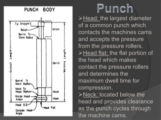 Head: the largest diameter
of a common punch which
contacts the machines cams
and accepts the pressure
from the pressure rollers.
Head flat: the flat portion of
the head which makes
contact the pressure rollers
and determines the
maximum dwell time for
compression.
Neck: located below the
head and provides clearance
as the punch cycles through
the machine cams.
 