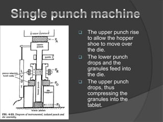 The upper punch rise
to allow the hopper
shoe to move over
the die.
 The lower punch
drops and the
granules feed into
the die.
 The upper punch
drops, thus
compressing the
granules into the
tablet.
 