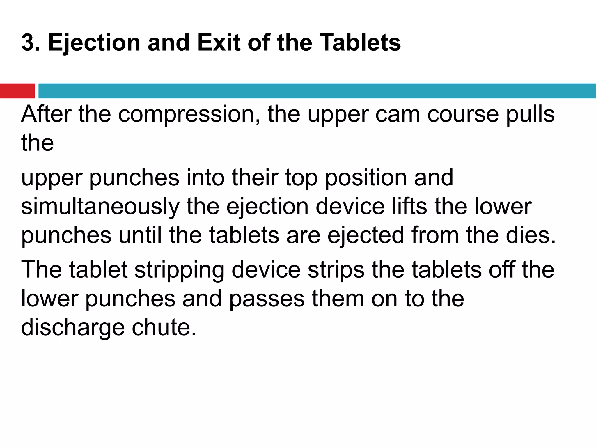3. Ejection and Exit of the Tablets
After the compression, the upper cam course pulls
the
upper punches into their top position and
simultaneously the ejection device lifts the lower
punches until the tablets are ejected from the dies.
The tablet stripping device strips the tablets off the
lower punches and passes them on to the
discharge chute.
 