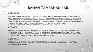 4. BAHAN TAMBAHAN LAIN
A. PENGIKAT
PENGIKAT EFEKTIF UNTUK TABLET EFFERVESCENT ADALAH PVP  DITAMBAHKAN
PADA SERBUK YANG DIGRANULASI DALAM KEADAAN KERING KEMUDIAN DIBASAHI
OLEH CAIRAN PENGGRANULASI YAITU ISOPROPANOL, ETANOL ATAU HIDROALKOHOL
 ALKOHOL SEBAGAI ZAT PENGGRANULASI UNTUK PELARUT PVP
B. PENGISI
HANYA DIBUTUHKAN DALAM JUMLAH KECIL KARENA ZAT YANG MENGHASILKAN
EFERVESEN SUDAH CUKUP BANYAK  CONTOH : NATRIUM BIKARBONAT, NATRIUM
KLORIDA, NATRIUM SULFAT, NATRIUM BIKARBONAT
C. LUBRIKAN
BERSIFAT LARUT AIR / DAPAT TERDISPERSI DALAM AIR  CONTOH : NATRIUM
BENZOATE, PEG 8000
 