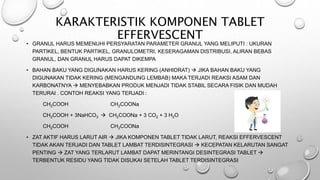 KARAKTERISTIK KOMPONEN TABLET
EFFERVESCENT
• GRANUL HARUS MEMENUHI PERSYARATAN PARAMETER GRANUL YANG MELIPUTI : UKURAN
PARTIKEL, BENTUK PARTIKEL, GRANULOMETRI, KESERAGAMAN DISTRIBUSI, ALIRAN BEBAS
GRANUL, DAN GRANUL HARUS DAPAT DIKEMPA
• BAHAN BAKU YANG DIGUNAKAN HARUS KERING (ANHIDRAT)  JIKA BAHAN BAKU YANG
DIGUNAKAN TIDAK KERING (MENGANDUNG LEMBAB) MAKA TERJADI REAKSI ASAM DAN
KARBONATNYA  MENYEBABKAN PRODUK MENJADI TIDAK STABIL SECARA FISIK DAN MUDAH
TERURAI . CONTOH REAKSI YANG TERJADI :
CH2COOH CH2COONa
CH2COOH + 3NaHCO3  CH2COONa + 3 CO2 + 3 H2O
CH2COOH CH2COONa
• ZAT AKTIF HARUS LARUT AIR  JIKA KOMPONEN TABLET TIDAK LARUT, REAKSI EFFERVESCENT
TIDAK AKAN TERJADI DAN TABLET LAMBAT TERDISINTEGRASI  KECEPATAN KELARUTAN SANGAT
PENTING  ZAT YANG TERLARUT LAMBAT DAPAT MERINTANGI DESINTEGRASI TABLET 
TERBENTUK RESIDU YANG TIDAK DISUKAI SETELAH TABLET TERDISINTEGRASI
 