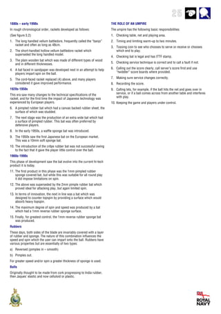 25
1880s – early 1990s
In rough chronological order, rackets developed as follows:
(See figure 5.2)
1. The long handled vellum battledore, frequently called the “banjo”
racket and often as long as 48cm.
2. The short-handled hollow vellum battledore racket which
superseded the long handled model.
3. The plain wooden bat which was made of different types of wood
and in different thicknesses.
4. A bat faced in sandpaper was developed next in an attempt to help
players impart spin on the ball.
5. The cord-faced racket replaced (4) above, and many players
considered it gave improved performance.
1920s-1950s
This era saw many changes to the technical specifications of the
racket, and for the first time the impact of Japanese technology was
experienced by European players.
6. A pimpled rubber bat which had a canvas backed rubber sheet, the
surface of which was studded.
7. The next stage was the production of an extra wide bat which had
a surface of pimpled rubber. This bat was often preferred by
defensive players.
8. In the early 1950s, a waffle sponge bat was introduced.
9. The 1950s saw the first Japanese bat on the European market.
This was a 10mm soft sponge bat.
10. The introduction of the crêpe rubber bat was not successful owing
to the fact that it gave the player little control over the ball.
1960s-1990s
This phase of development saw the bat evolve into the current hi-tech
product it is today.
11. The first product in this phase was the 1mm pimpled rubber
sponge covered bat, but while this was suitable for all round play
it did impose limitations on spin.
12. The above was superseded by the 2mm pimple rubber bat which
proved ideal for attacking play, but again limited spin.
13. In terms of innovation, the next in line was a bat which was
designed to counter topspin by providing a surface which would
absorb heavy topspin.
14. The maximum degree of spin and speed was produced by a bat
which had a 1mm reverse rubber sponge surface.
15. Finally, for greatest control, the 1mm reverse rubber sponge bat
was produced.
Rubbers
These days, both sides of the blade are invariably covered with a layer
of rubber and sponge. The nature of this combination influences the
speed and spin which the user can impart onto the ball. Rubbers have
various properties but are essentially of two types:
a) Reversed (pimples in – smooth)
b) Pimples out.
For greater speed and/or spin a greater thickness of sponge is used.
Balls
Originally thought to be made from cork progressing to India rubber,
then Jaques’ elastic and now celluloid or plastic.
THE ROLE OF AN UMPIRE
The umpire has the following basic responsibilities:
1. Checking table, net and playing area.
2. Timing and limiting warm-up to two minutes.
3. Tossing coin to see who chooses to serve or receive or chooses
which end to play.
4. Checking bat is legal and has ITTF stamp.
5. Checking service technique is correct and to call a fault if not.
6. Calling out the score clearly, call server’s score first and use
“twiddler” score boards where provided.
7. Making sure service changes correctly.
8. Recording the score.
9. Calling lets, for example, if the ball hits the net and goes over in
service, or if a ball comes across from another table and interferes
with play.
10. Keeping the game and players under control.
 