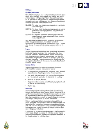 31
Matchplay
Pre-match preparation
Many Table Tennis players have a well practised physical warm up and
certain technical aspects which they will try to practise (e.g. service
and return) along with “grooving in” basic strokes before a match.
But, as indicated, the often forgotten but vital psychological element
needs addressing, too, and the general aims of a psychological aspect
of a warm up would be to help the player to be:
RELAXED - The use of brief relaxation exercises prior to a game often
used with imagery.
POSITIVE - The player should develop positive phrases to use prior to
performance and imagery based on best performances
from the past.
FOCUSED - It is important to establish realistically achievable and
measurable goals related to each game. These should be
measured post-match.
Such skills are a crucial element in any preparation for competition,
and for many practice sessions. A correct and consistent
psychological focus achieved before, and maintained during a game is
often given as the reason behind resulting success or failure on the
table.
In game
The skill of a performer in controlling how and what they are thinking,
their level of physical tension and their emotions can often play a
major role in the result of the match itself. Thinking about the right
thing at the right time, or the ability to concentrate, is an essential
component of thought control which can be developed by any player,
along with maintaining a positive approach to the game through the
use of positive thoughts to lift themselves or to counter the effects of
a previous negative thought.
Between Rallies
To aid positive thoughts and good concentration in competition
performers follow a process or sequence as follows:
• To forget the result of recent actions and results. This is designed
to clear the mind of anything over which there is no control.
• Take two or three deep breaths. This is to rest the concentration
for a few moments by diverting the attention to the breathing.
• Decide on the tactic to be played.
• The performer then visualises himself/herself playing the rally with
the selected tactic successfully.
• Play the rally.
Post match
An important principle to instil in performers is to learn from every
situation regardless of the result. This can function through the use of
a performance evaluation sheet where positive and negative aspects of
the performance can be written down. This form can then act as a
basis of an evaluation of previously set goals for the performance, and
guide the goal setting process for the next performance.
With any psychological skills, their development should follow a
similar approach to training technical skills, i.e. with practice they can
be improved. The importance of players practising the psychological
skills both away from the table and during practice before taking them
into the match play scenario increases the chances of success when
used under pressure situations.
It is important for the teacher/coach working with Table Tennis players
at all levels of ability to be aware of the individual needs of players.
Specific psychological skills that are likely to work best will depend on
the characteristics of the individual player.
 