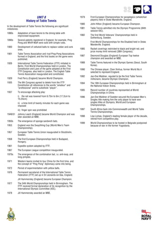 32
UNIT 8
History of Table Tennis
In the development of Table Tennis the following are significant
milestones:
1880s Adaptation of lawn tennis to the dining table with
improvised equipment.
1890s Several patents registered in England, for example, Ping
Pong and Whiff-Waff were sold with simple rules.
1900 Development of celluloid balls to replace rubber and cork
ones.
1901 Table Tennis Association and rival Ping-Pong Associations
formed in England, and the first books on the game were
published.
1926 International Table Tennis Federation (ITTF) initiated in
Berlin. First World Championships held in London. The
Constitution and Laws of the game adopted at the First
ITTF Congress, also held in London. The English Table
Tennis Association inaugurated and constituted.
1929 Fred Perry (England) became World Champion.
1935 The 9th Congress agreed to delete from the ITTF
Constitution all references to the words “amateur” and
“professional” and to substitute “player”.
1937 To encourage attacking play:
i) the net was lowered from 6.75in to 6in (17.2cm to
15.24cm)
ii) a time limit of twenty minutes for each game was
imposed
iii) finger spin was prohibited
1949/51 Johnny Leach (England) became World Champion and was
later awarded an MBE.
1950s The emergence of sponge sandwich bats.
1953 England won the Swaythling Cup (World Men’s Team
Championship).
1957 European Table Tennis Union inaugurated in Stockholm,
Sweden.
1958 The first European Championships held in Budapest,
Hungary.
1961 Expedite system adopted by ITTF.
1967 The European League competition inaugurated.
1970s The emergence of the combination bat, i.e. anti-loop, and
long pimples.
1971 Western teams invited to tour China for the first time, and
the concept of “Ping Pong” diplomacy came into being.
1972 Period of experimentation with yellow balls.
1976 Permanent secretariat of the International Table Tennis
Federation (ITTF) set up in St Leonards-on-Sea, England.
Jill Hammersley (England) became European Champion.
1977 The 34th World Championships held in Birmingham. The
ITTF received formal declaration of its recognition by the
International Olympic Committee (IOC).
1978 Jill Hammersley awarded an MBE.
1979 First European Championships for paraplegics (wheelchair
players) held in Stoke Mandeville, England.
1980 John Hilton (England) became European Champion.
1981 Table Tennis admitted into the Olympic Programme (84th
session IOC).
1982 The first World Veterans’ Championships held in
Gothenburg, Sweden.
First World Championships for the Disabled held in Stoke
Mandeville, England.
1985 Racket coverings restricted to black and bright red, and
prize money limit removed (38th Congress).
1987 Desmond Douglas (England) European Top twelve
champion and awarded an MBE.
1988 Table Tennis featured in the Olympic Games (Seoul, South
Korea).
1990 The Chinese player, Chen Xinhua, former World No.4
selected to represent England.
1992 Jan-Ove Waldner, reputed to be the first Table Tennis
millionaire, became Olympic Champion.
1994 The 19th European Championships held in Birmingham at
the National Indoor Arena.
1995 Record number of countries represented at World
Championships in China.
1996 Jan-Ove Waldner of Sweden secured the European Men's
Singles title making him the only player to have won
singles titles at Olympics, World and European
Championships.
1997 South Africa back into Commonwealth and World Table
Tennis Championships.
1998 Lisa Lomas, England's leading female player of the decade,
retired from competitive play.
1999 World Championships to be hosted in Belgrade postponed
because of war in the former Yugoslavia.
 