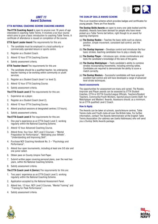 36
UNIT 11
Award Schemes
ETTA NATIONAL COACHING SCHEME COACHING AWARDS
The ETTA Coaching Award is open to anyone over 16 years of age
interested in coaching Table Tennis. It involves a six hour course
which aims to give a basic introduction to coaching Table Tennis. A
certificate of attendance is issued on completion of the course.
ETTA Sport Leader Award The requirements for this are:
1. The candidate must be employed in a local authority or
commercially operated leisure or sports centre.
2. Register as a Student Coach.
3. Attend 12 hour ETTA Coaching Course.
4. Satisfy assessment criteria.
ETTA Teacher Award The requirements for this are:
1. The candidate should be a qualified teacher, be undergoing
teacher training or be working within community or youth
services.
2. Register as a Student Coach (level 1 or level 2).
3. Attend 12 hour ETTA Coaching Course.
4. Satisfy assessment criteria.
The ETTA Coach Level 2 The requirements for this are:
1. Experience as a player.
2. Register as a Student Coach (level 2).
3. Attend 12 hour ETTA Coaching Course.
4. Attend practical sessions at designated centres (12 hours).
5. Satisfy assessment criteria.
The ETTA Coach Level 3 The requirements for this are:
1. One year’s experience as an ETTA Coach Level 2, working
regularly within the National Coaching Scheme.
2. Attend 12 hour Advanced Coaching Course.
3. Attend three, four hour, NCF Level 2 Courses – “Mental
Preparation for Performance”, “Motivating your Athlete”,
“Understanding and Improving Skill”.
4. Purchase NCF Coaching Handbook No. 3 – “Psychology and
Performance”.
5. Attend four open tournaments, including at least one 3/5 star and
one junior select.
6. Obtain pass on County Umpire Test Paper.
7. Submit written paper covering personal plans, over the next two
years, within the National Coaching Scheme.
8. Satisfy assessment criteria.
The ETTA Coach Level 4 (Senior) The requirements for this are:
1. Two years’ experience as an ETTA Coach Level 3, working
regularly within the National Coaching Scheme.
2. Application accepted by the National Assessment Panel.
3. Attend two, 12 hour, NCF Level 3 Courses, “Mental Training” and
“Training for Peak Performance”.
4. Satisfy assessment criteria.
THE DUNLOP SKILLS AWARD SCHEME
This is an incentive scheme which provides badges and certificates for
young people. There are Five Awards:
The Dunlop Skills Awards are open to every one (able bodied and the
disabled). Awards have been devised for people who have never
picked up a Table Tennis bat before, right though to an award for
aspiring champions:
(a) The Dunlop Rookie – Teaches the basic skills such as stance,
position, simple movement, consistent ball control, and the
service.
(b) The Dunlop Improver – Develops control and introduces the four
basic strokes, teaching candidates how to play a steady rally.
(c) The Dunlop Player – Introduces spin, stroke combinations and
tests the candidate’s knowledge of the laws of the game.
(d) The Dunlop Matchplayer – Tests candidate’s ability to combine
strokes incorporating movements, including winning rallies.
Candidates are required to demonstrate the ability to score a
match correctly.
(e) The Dunlop Masters – Successful candidates will have acquired
excellent ball control and will have developed a range of advanced
level stroke techniques.
Award assessments
The opportunities for assessment are many and varied. The Rookie,
Improver and Player awards can be assessed by ETTA Student
Coaches, ETTA or ESTTA County/League Officials, Teachers/Student
Teachers, Community/Youth Workers, Sports/Leisure Centre Staff. For
Matchplayer and Masters’ Awards, Assessors should, as a minimum,
be an ETTA qualified Level 2 Coach.
How to Apply
The Awards can be taken at schools, sports/leisure centres, Table
Tennis clubs and Youth clubs all over the British Isles. For further
information, contact The Awards Administrator at the English Table
Tennis Association (for address see Useful Addresses) who will send
you a Dunlop Skills Awards package.
 
