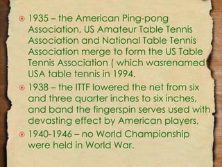 1935 – the American Ping-pong 
Association, US Amateur Table Tennis 
Association and National Table Tennis 
Association merge to form the US Table 
Tennis Association ( which wasrenamed 
USA table tennis in 1994. 
 1938 – the ITTF lowered the net from six 
and three quarter inches to six inches, 
and band the fingerspin serves used with 
devasting effect by American players, 
 1940-1946 – no World Championship 
were held in World War. 
 