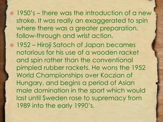  1950’s – there was the introduction of a new 
stroke. It was really an exaggerated to spin 
where there was a greater preparation, 
follow-through and wrist action. 
 1952 – Hiroji Satoch of Japan becames 
notorious for his use of a wooden racket 
and spin rather than the conventional 
pimpled rubber rackets. He wons the 1952 
World Championships over Koczian of 
Hungary, and begins a period of Asian 
male domination in the sport which would 
last until Sweden rose to supremacy from 
1989 into the early 1990’s. 
 