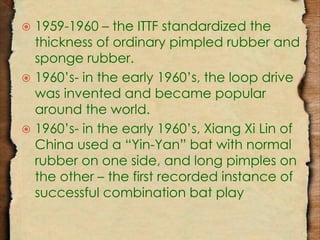  1959-1960 – the ITTF standardized the 
thickness of ordinary pimpled rubber and 
sponge rubber. 
 1960’s- in the early 1960’s, the loop drive 
was invented and became popular 
around the world. 
 1960’s- in the early 1960’s, Xiang Xi Lin of 
China used a “Yin-Yan” bat with normal 
rubber on one side, and long pimples on 
the other – the first recorded instance of 
successful combination bat play 
 