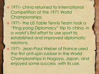  1971- china returned to International 
Competition at the 1971 World 
Championships. 
 1971- the US Table Tennis Team took a 
“Ping-pong Diplomacy” trip to china, in 
a world’s first effort to use sport to 
established and improved diplomatic 
relations. 
 1971- Jean-Paul Weber of France used 
the first anti-spin rubber in the World 
Championships in Nagoya, Japan, and 
enjoyed some success with its use. 
 