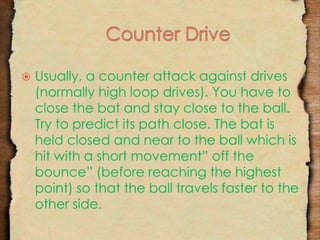  Usually, a counter attack against drives 
(normally high loop drives). You have to 
close the bat and stay close to the ball. 
Try to predict its path close. The bat is 
held closed and near to the ball which is 
hit with a short movement” off the 
bounce” (before reaching the highest 
point) so that the ball travels faster to the 
other side. 
 