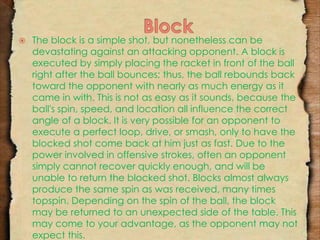  The block is a simple shot, but nonetheless can be 
devastating against an attacking opponent. A block is 
executed by simply placing the racket in front of the ball 
right after the ball bounces; thus, the ball rebounds back 
toward the opponent with nearly as much energy as it 
came in with. This is not as easy as it sounds, because the 
ball's spin, speed, and location all influence the correct 
angle of a block. It is very possible for an opponent to 
execute a perfect loop, drive, or smash, only to have the 
blocked shot come back at him just as fast. Due to the 
power involved in offensive strokes, often an opponent 
simply cannot recover quickly enough, and will be 
unable to return the blocked shot. Blocks almost always 
produce the same spin as was received, many times 
topspin. Depending on the spin of the ball, the block 
may be returned to an unexpected side of the table. This 
may come to your advantage, as the opponent may not 
expect this. 
 