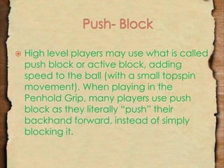  High level players may use what is called 
push block or active block, adding 
speed to the ball (with a small topspin 
movement). When playing in the 
Penhold Grip, many players use push 
block as they literally “push” their 
backhand forward, instead of simply 
blocking it. 
 
