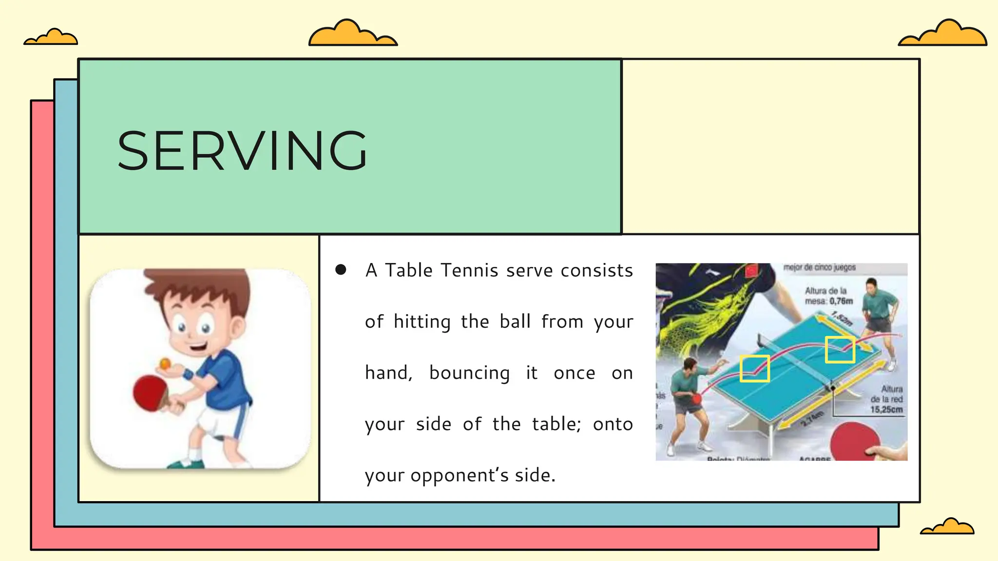 ● A Table Tennis serve consists
of hitting the ball from your
hand, bouncing it once on
your side of the table; onto
your opponent’s side.
SERVING
 