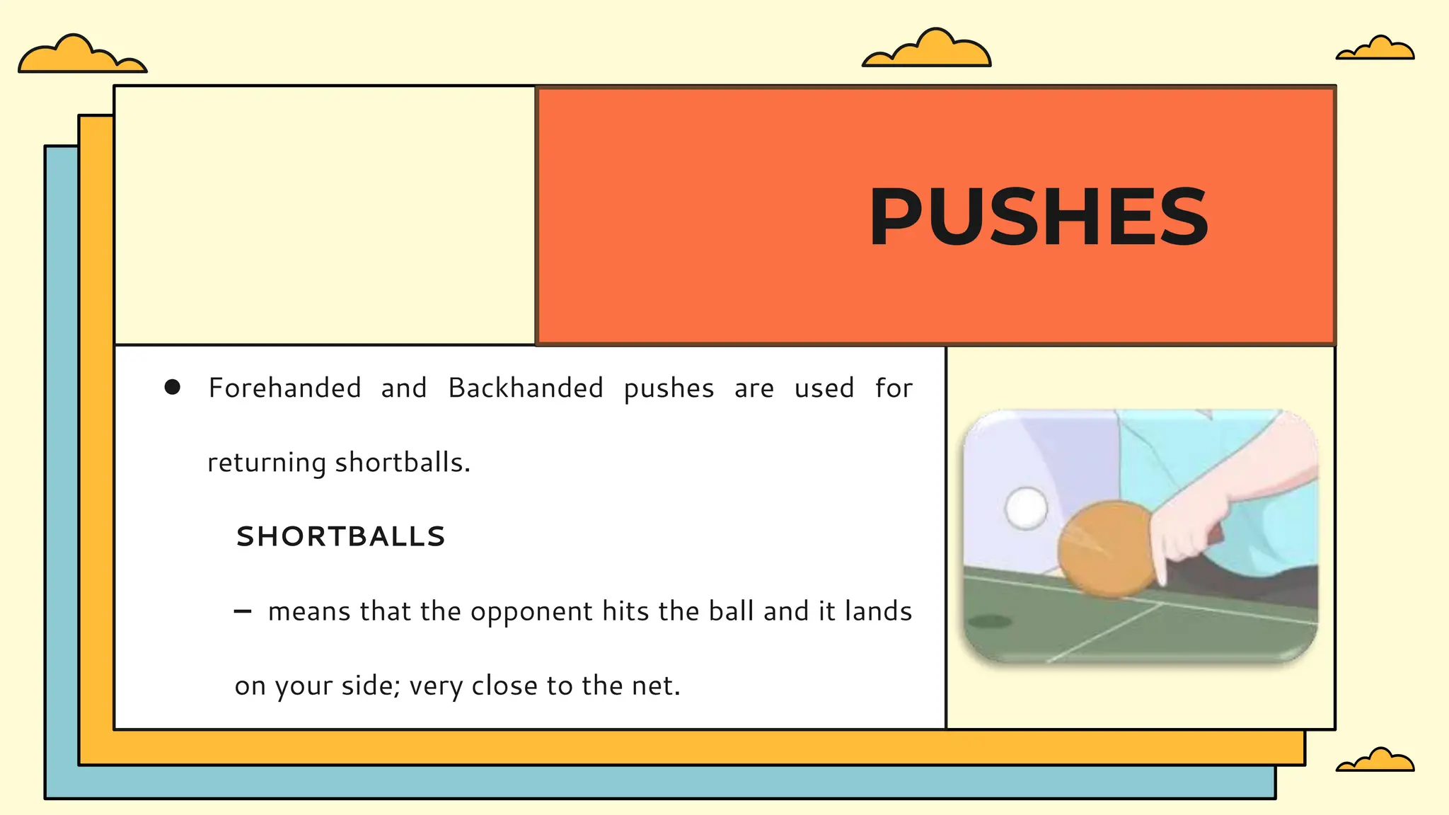 ● Forehanded and Backhanded pushes are used for
returning shortballs.
SHORTBALLS
– means that the opponent hits the ball and it lands
on your side; very close to the net.
PUSHES
 