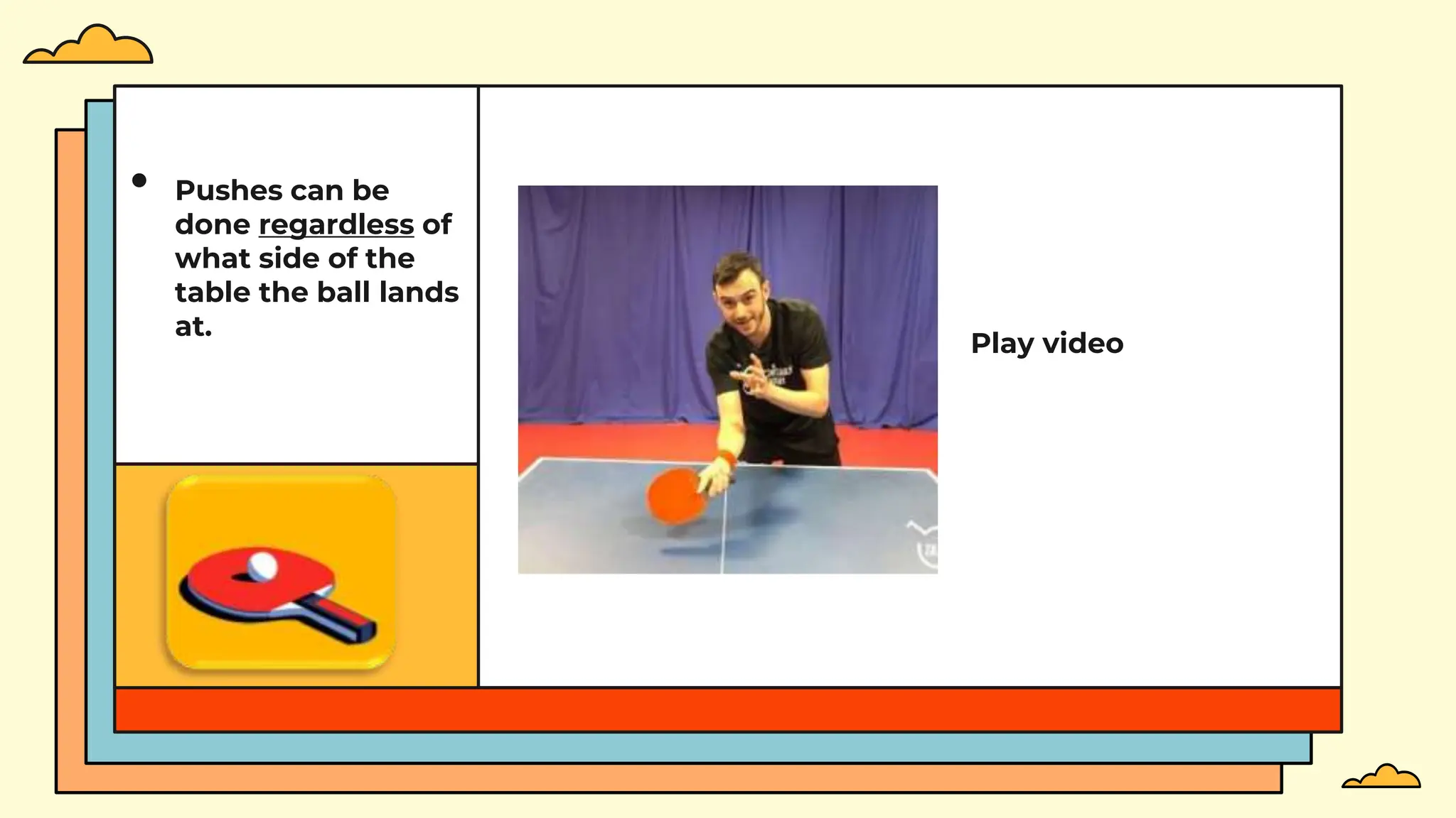 • Pushes can be
done regardless of
what side of the
table the ball lands
at.
Play video
 