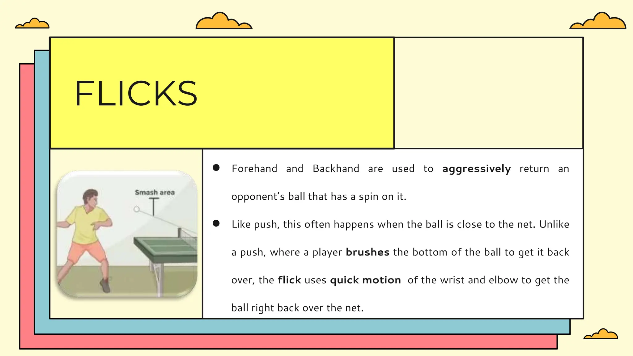 ● Forehand and Backhand are used to aggressively return an
opponent’s ball that has a spin on it.
● Like push, this often happens when the ball is close to the net. Unlike
a push, where a player brushes the bottom of the ball to get it back
over, the flick uses quick motion of the wrist and elbow to get the
ball right back over the net.
FLICKS
 