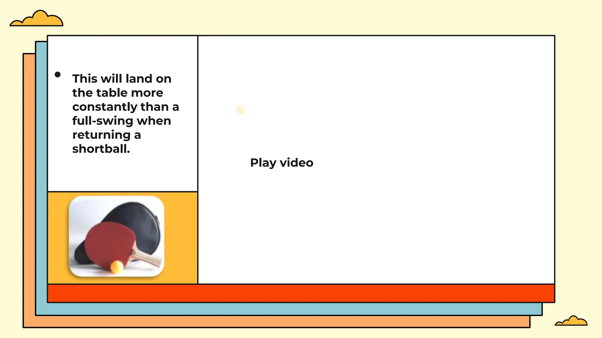 • This will land on
the table more
constantly than a
full-swing when
returning a
shortball.
Play video
 