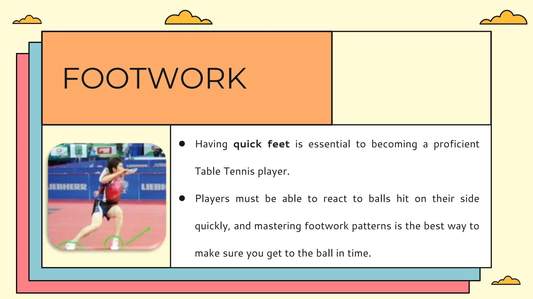 ● Having quick feet is essential to becoming a proficient
Table Tennis player.
● Players must be able to react to balls hit on their side
quickly, and mastering footwork patterns is the best way to
make sure you get to the ball in time.
FOOTWORK
 