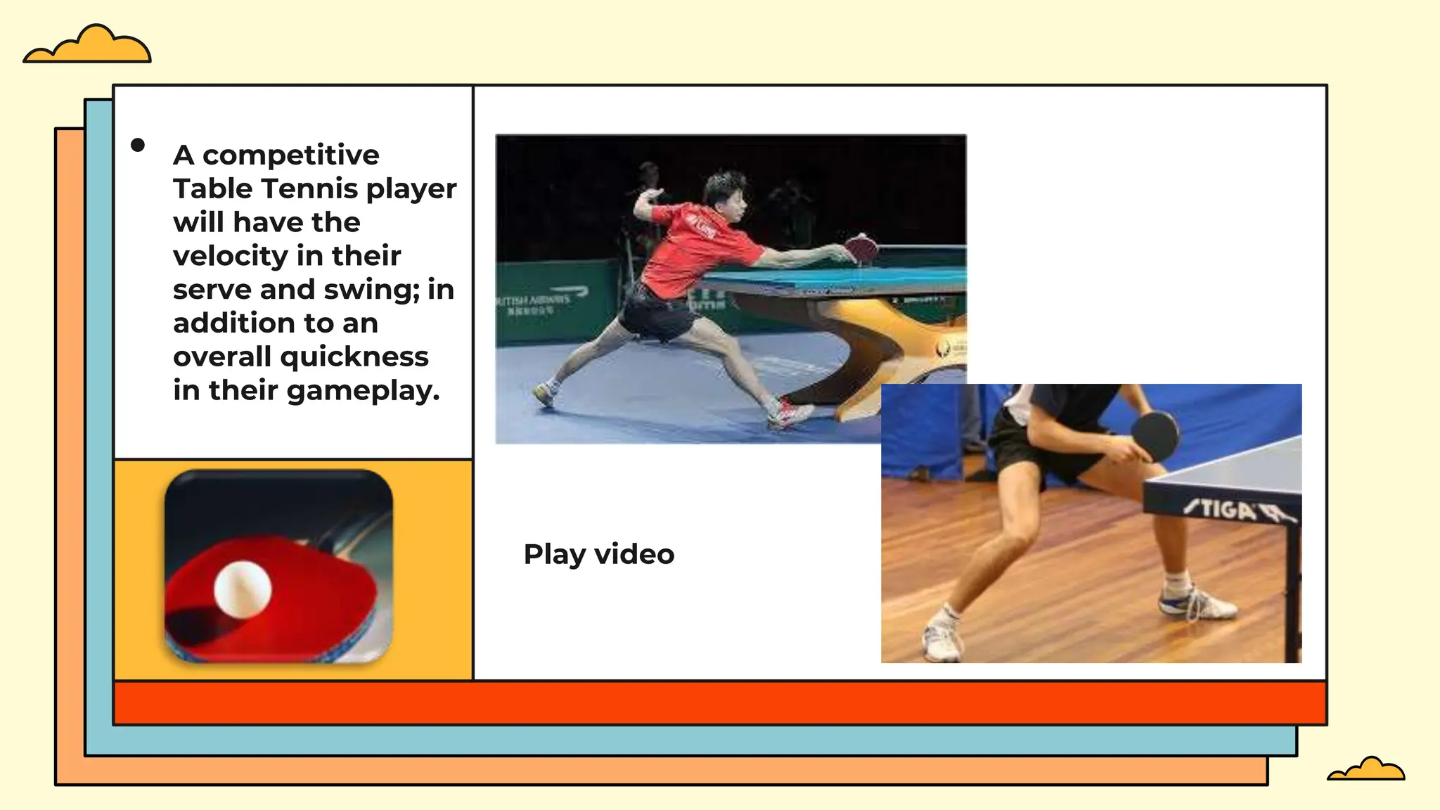 • A competitive
Table Tennis player
will have the
velocity in their
serve and swing; in
addition to an
overall quickness
in their gameplay.
Play video
 