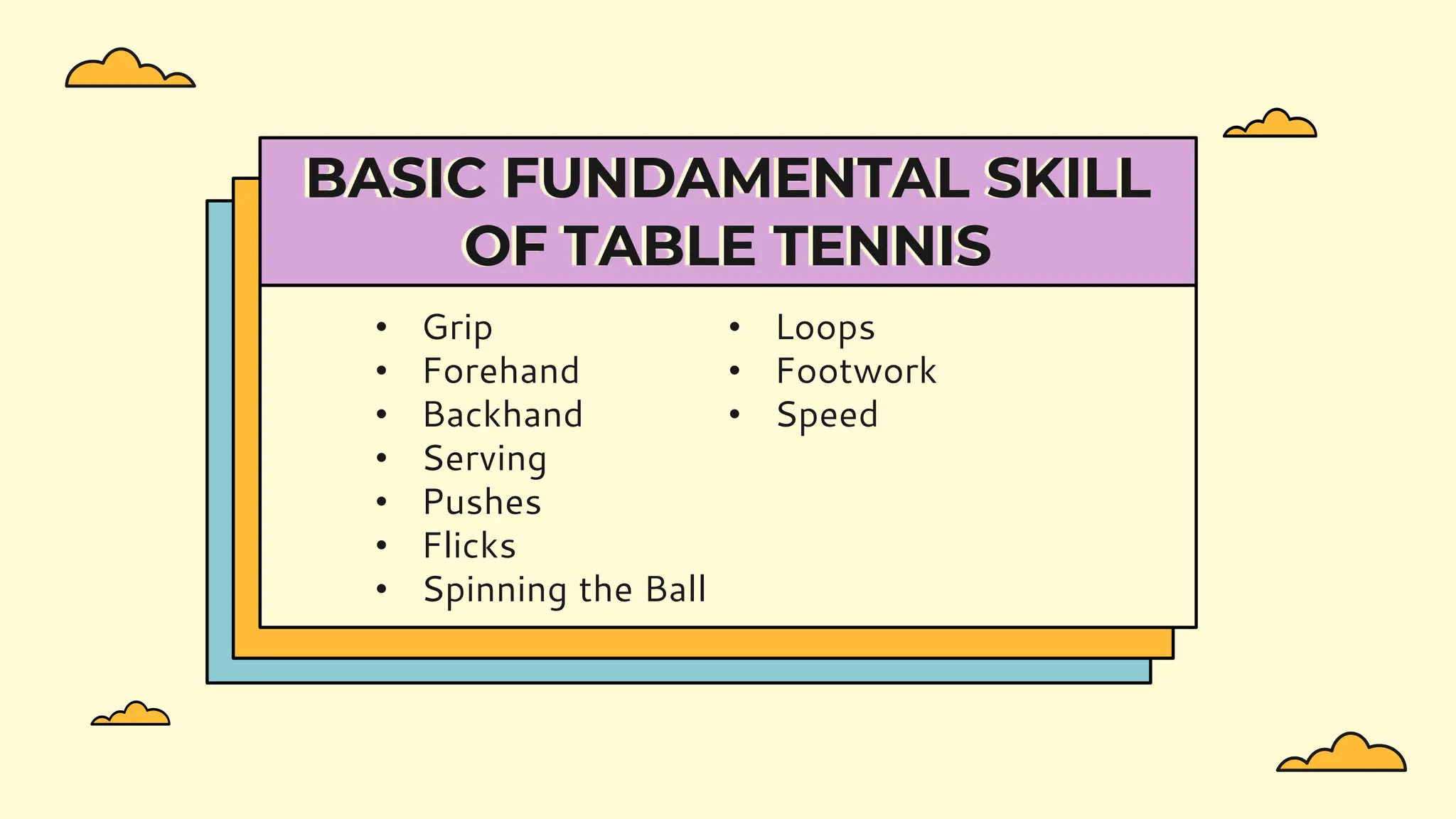 • Grip
• Forehand
• Backhand
• Serving
• Pushes
• Flicks
• Spinning the Ball
• Loops
• Footwork
• Speed
BASIC FUNDAMENTAL SKILL
OF TABLE TENNIS
 