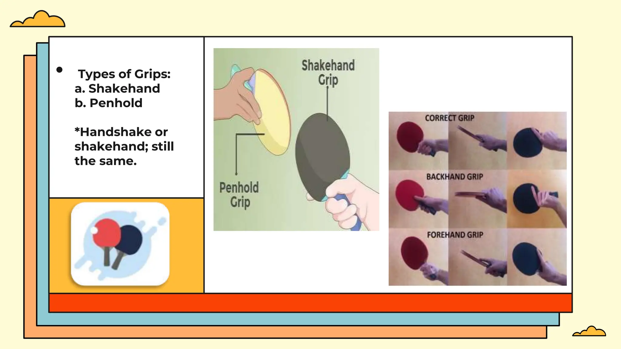 • Types of Grips:
a. Shakehand
b. Penhold
*Handshake or
shakehand; still
the same.
 