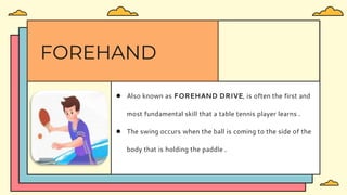 ● Also known as FOREHAND DRIVE, is often the first and
most fundamental skill that a table tennis player learns .
● The swing occurs when the ball is coming to the side of the
body that is holding the paddle .
FOREHAND
 