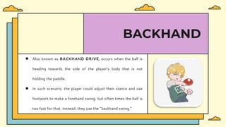 BACKHAND
● Also known as BACKHAND DRIVE, occurs when the ball is
heading towards the side of the player’s body that is not
holding the paddle.
● In such scenario, the player could adjust their stance and use
footwork to make a forehand swing, but often times the ball is
too fast for that. Instead, they use the “backhand swing.”
 