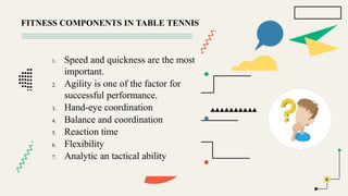 FITNESS COMPONENTS IN TABLE TENNIS
1. Speed and quickness are the most
important.
2. Agility is one of the factor for
successful performance.
3. Hand-eye coordination
4. Balance and coordination
5. Reaction time
6. Flexibility
7. Analytic an tactical ability
 