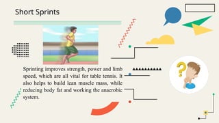 Short Sprints
Sprinting improves strength, power and limb
speed, which are all vital for table tennis. It
also helps to build lean muscle mass, while
reducing body fat and working the anaerobic
system.
 