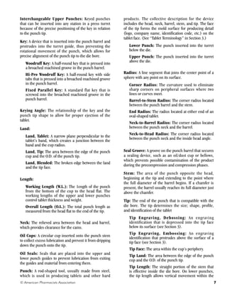 Interchangeable Upper Punches: Keyed punches
that can be inserted into any station in a press turret
because of the precise positioning of the key in relation
to the punch tip.
Key: A device that is inserted into the punch barrel and
protrudes into the turret guide, thus preventing the
rotational movement of the punch, which allows for
precise alignment of the punch tip to the die bore.
Woodruff Key: A half-round key that is pressed into
a broached machined groove in the punch barrel.
Hi-Pro Woodruff Key: A half-round key with side
tabs that is pressed into a broached machined groove
in the punch barrel.
Fixed Parallel Key: A standard flat key that is
screwed into the broached machined groove in the
punch barrel.
Keying Angle: The relationship of the key and the
punch tip shape to allow for proper ejection of the
tablet.
Land:
Land, Tablet: A narrow plane perpendicular to the
tablet’s band, which creates a junction between the
band and the cup radius.
Land, Tip: The area between the edge of the punch
cup and the O.D. of the punch tip.
Land, Blended: The broken edge between the land
and the tip face.
Length:
Working Length (W.L.): The 1ength of the punch
from the bottom of the cup to the head flat. The
working lengths of the upper and lower punches
control tablet thickness and weight.
Overall Length (O.L.): The total punch length as
measured from the head flat to the end of the tip.
Neck: The relieved area between the head and barrel,
which provides clearance for the cams.
Oil Cups: A circular cup inserted onto the punch stem
to collect excess lubrication and prevent it from dripping
down the punch onto the tip.
Oil Seals: Seals that are placed into the upper and
lower punch guides to prevent lubrication from exiting
the guides and material from entering them.
Punch: A rod-shaped tool, usually made from steel,
which is used in producing tablets and other hard
products. The collective description for the device
includes the head, neck, barrel, stem, and tip. The face
of the tip forms the mold surface for producing detail
(logo, company name, identification code, etc.) on the
tablet face. (See “Tablet Terminology” in Section 3.)
Lower Punch: The punch inserted into the turret
below the die.
Upper Punch: The punch inserted into the turret
above the die.
Radius: A line segment that joins the center point of a
sphere with any point on its surface.
Corner Radius: The curvature used to eliminate
sharp corners on peripheral surfaces where two
lines or curves meet.
Barrel-to-Stem Radius: The corner radius located
between the punch barrel and the stem.
End Radius: The radius located at either end of an
oval-shaped tablet.
Neck-to-Barrel Radius: The corner radius located
between the punch neck and the barrel.
Neck-to-Head Radius: The corner radius located
between the punch neck and the inside head angle.
Seal Groove: A groove on the punch barrel that secures
a sealing device, such as an oil/dust cup or bellows,
which prevents possible contamination of the product
during the precompression and compression phases.
Stem: The area of the punch opposite the head,
beginning at the tip and extending to the point where
the full diameter of the barrel begins. If a chamfer is
present, the barrel usually reaches its full diameter just
above the chamfer.
Tip: The end of the punch that is compatible with the
die bore. The tip determines the size; shape, profile,
and identification of the tablet
Tip Engraving, Debossing: An engraving
identification that is depressed into the tip face
below its surface (see Section 3).
Tip Engraving, Embossing: An engraving
identification that protrudes above the surface of a
tip face (see Section 3).
Tip Face: The area within the cup’s periphery.
Tip Land: The area between the edge of the punch
cup and the O.D. of the punch tip.
Tip Length: The straight portion of the stem that
is effective inside the die bore. On lower punches,
the tip length allows vertical movement within the
7
© American Pharmacists Association
 