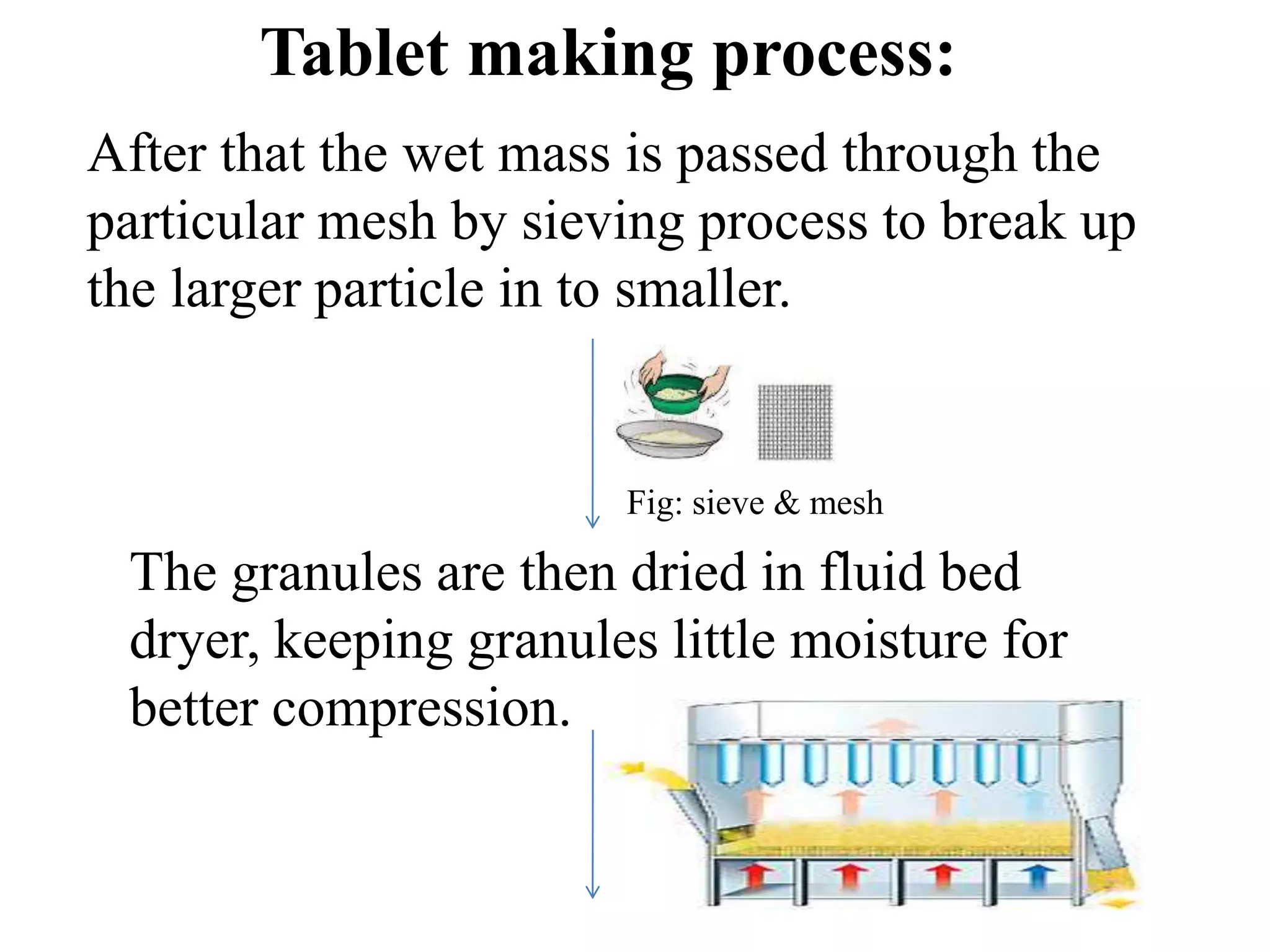 After that the wet mass is passed through the
particular mesh by sieving process to break up
the larger particle in to smaller.
Fig: sieve & mesh
The granules are then dried in fluid bed
dryer, keeping granules little moisture for
better compression.
Tablet making process:
 
