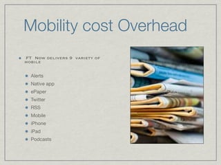 Mobility cost Overhead
    
FT Now delivers 9 variety of
mobile 

    Alerts

    Native app

    ePaper

    Twitter

    RSS

    Mobile

    iPhone

    iPad

    Podcasts
 