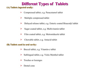 <ul><li>Different Types of  Tablets   </li></ul><ul><li>(A) Tablets ingested orally:  </li></ul><ul><ul><ul><ul><li>Compre...