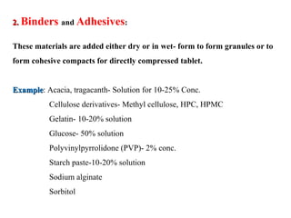 2.  Binders   and  Adhesives :  These materials are added either dry or in wet- form to form granules or to form cohesive ...