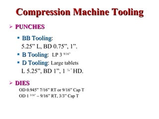 Compression Machine Tooling <ul><li>PUNCHES </li></ul><ul><ul><li>BB Tooling : </li></ul></ul><ul><li>5.25” L, BD 0.75”, 1...