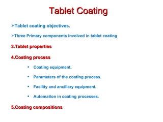 Tablet Coating <ul><li>Tablet coating objectives. </li></ul><ul><li>Three Primary components involved in tablet coating </...
