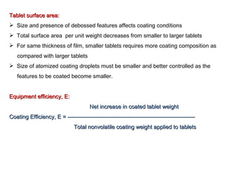<ul><li>Tablet surface area: </li></ul><ul><li>Size and presence of debossed features affects coating conditions </li></ul...