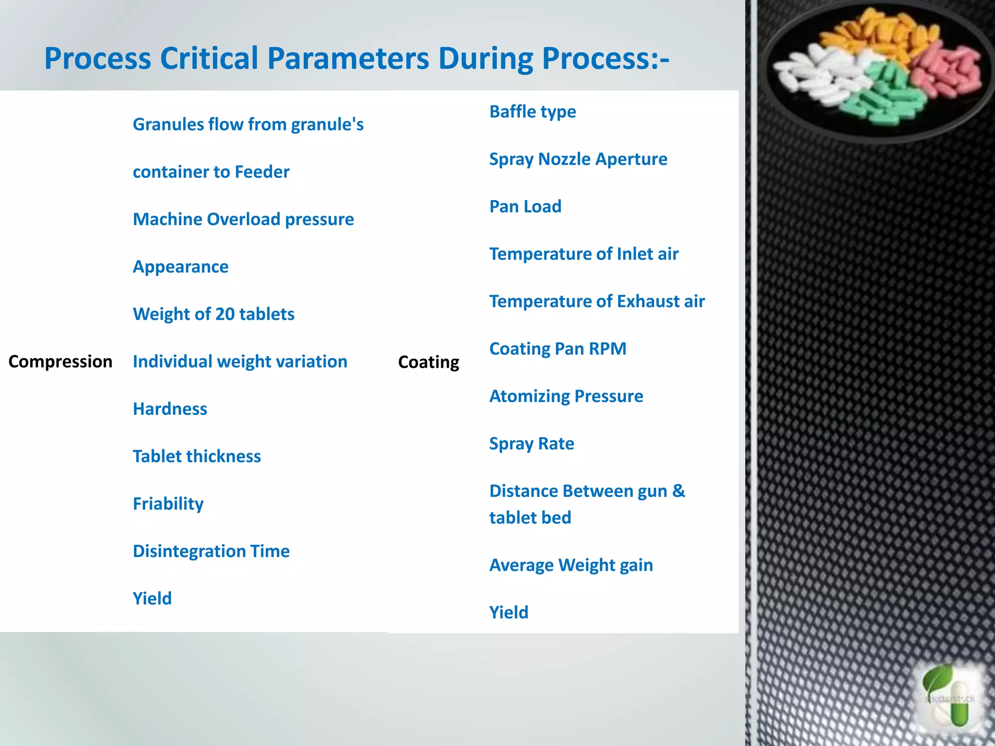Process Critical Parameters During Process:-
Compression
Granules flow from granule's
container to Feeder
Machine Overload pressure
Appearance
Weight of 20 tablets
Individual weight variation
Hardness
Tablet thickness
Friability
Disintegration Time
Yield
Coating
Baffle type
Spray Nozzle Aperture
Pan Load
Temperature of Inlet air
Temperature of Exhaust air
Coating Pan RPM
Atomizing Pressure
Spray Rate
Distance Between gun &
tablet bed
Average Weight gain
Yield
 