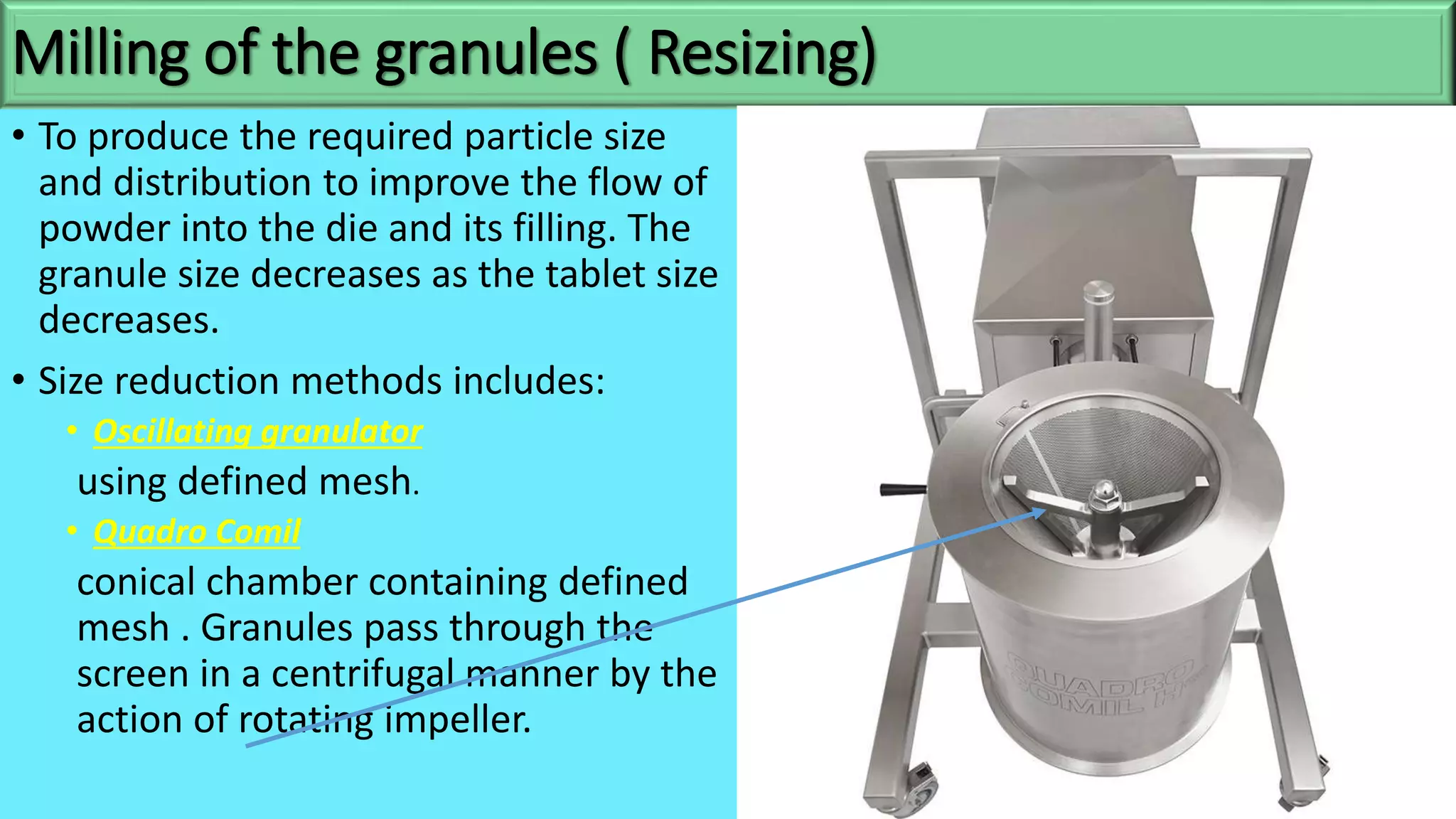 Milling of the granules ( Resizing)
• To produce the required particle size
and distribution to improve the flow of
powder into the die and its filling. The
granule size decreases as the tablet size
decreases.
• Size reduction methods includes:
• Oscillating granulator
using defined mesh.
• Quadro Comil
conical chamber containing defined
mesh . Granules pass through the
screen in a centrifugal manner by the
action of rotating impeller.
 